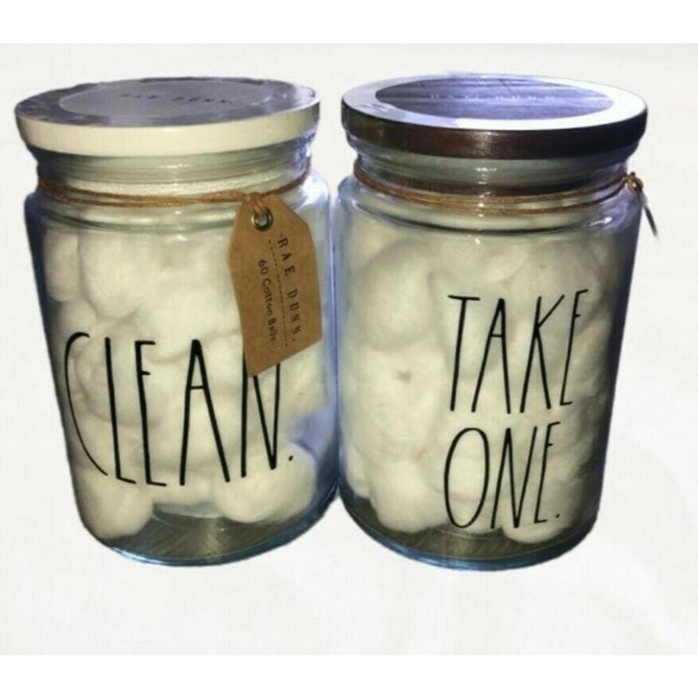 Rae Dunn Clean & Take One Cotton Ball Jars NEW - 60 Cotton Balls in Each